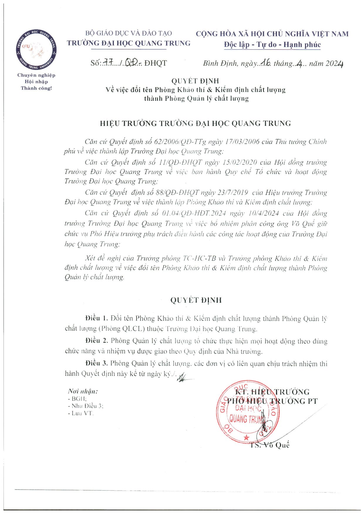 Thông báo về việc đổi tên Phòng Khảo thí & Kiểm định chất lượng thành Phòng Quản lý chất lượng 1 QD 77 vv doi ten Phong KTKDCL thanh Phong Quan ly chat luong 1