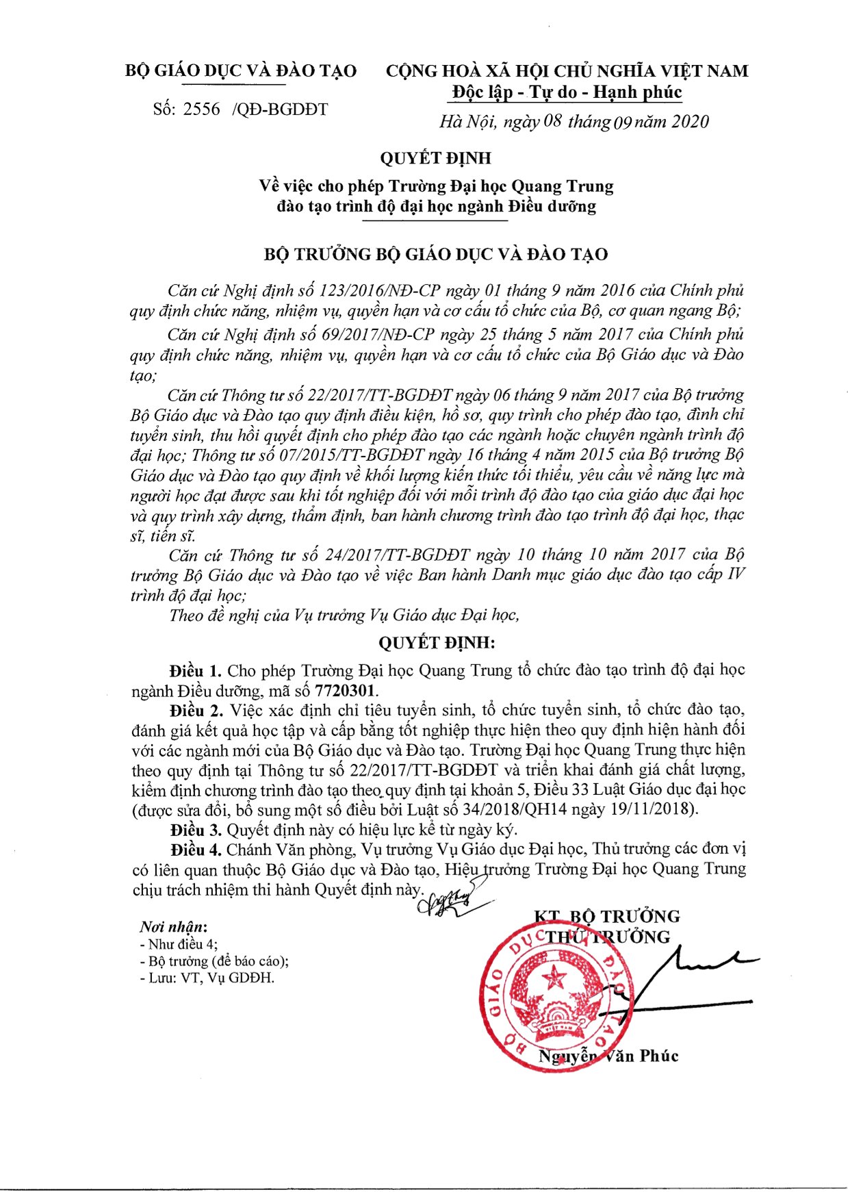 QĐ cho phép Trường Đại học Quang Trung đào tạo ngành Điều dưỡng, 